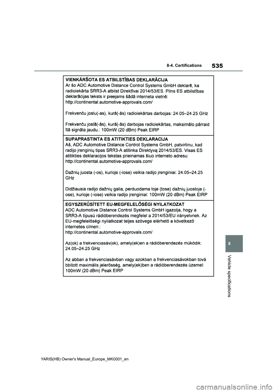 TOYOTA YARIS 2021  Owners Manual 535
8
YARIS(HB) Owners Manual_Europe_MK0001_en
8-4. Certifications
Vehicle specifications 