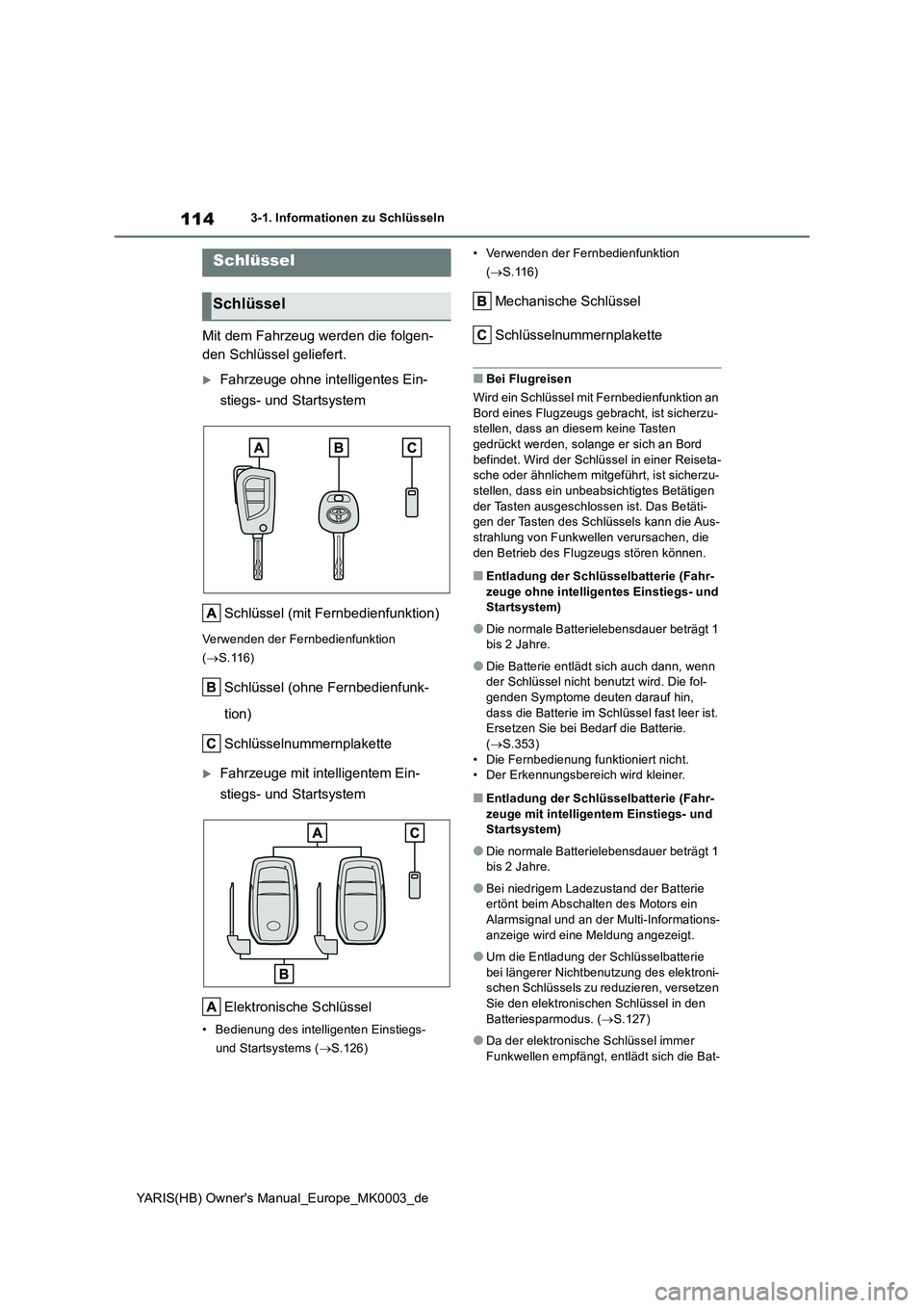 TOYOTA YARIS 2021  Betriebsanleitungen (in German) 114
YARIS(HB) Owners Manual_Europe_MK0003_de
3-1. Informationen zu Schlüsseln
3-1.In formatione n zu  Schlüss eln
Mit dem Fahrzeug werden die folgen-
den Schlüssel geliefert.
Fahrzeuge ohne int