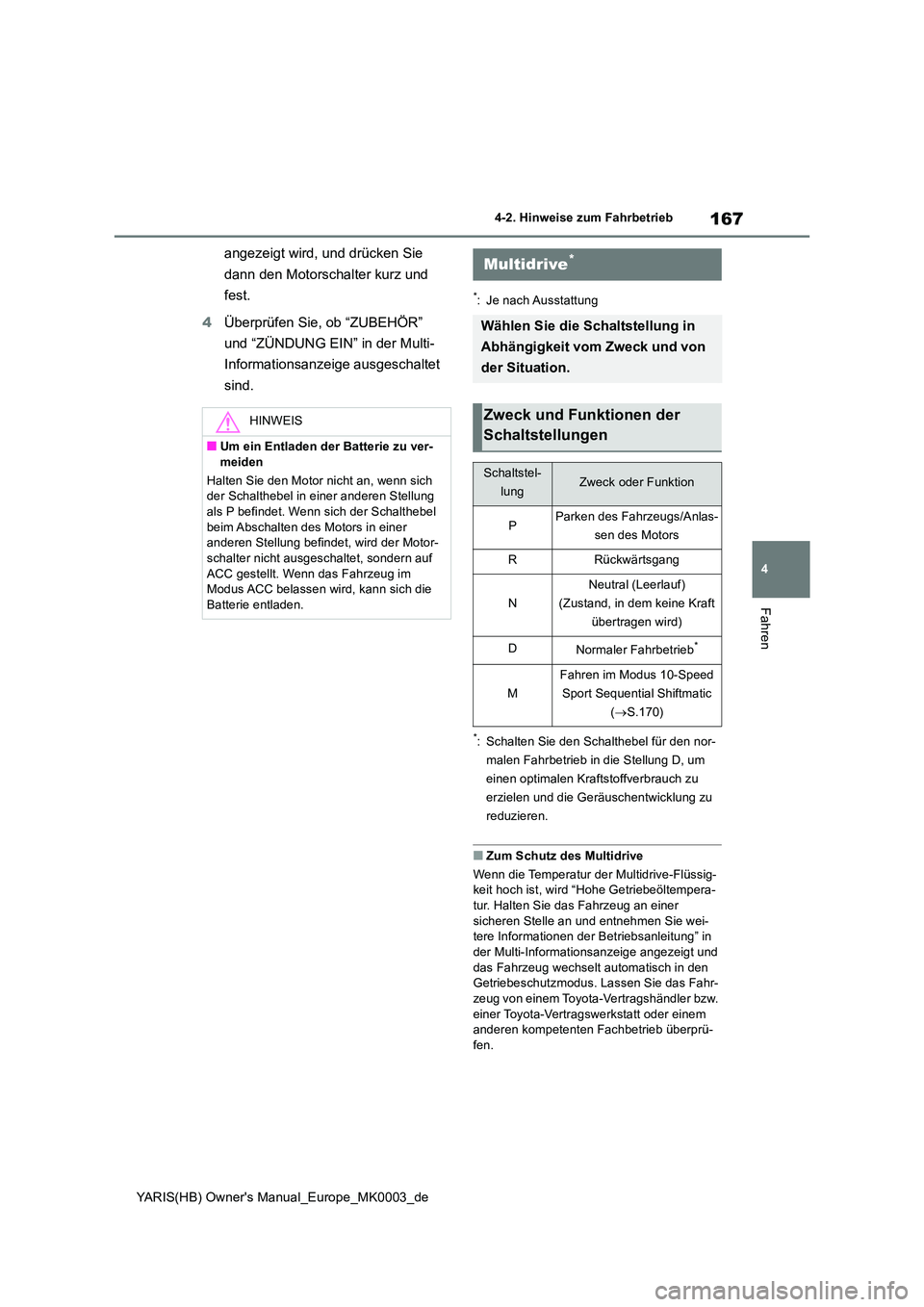 TOYOTA YARIS 2021  Betriebsanleitungen (in German) 167
4
YARIS(HB) Owners Manual_Europe_MK0003_de
4-2. Hinweise zum Fahrbetrieb
Fahren
angezeigt wird, und drücken Sie  
dann den Motorschalter kurz und  
fest. 
4 Überprüfen Sie, ob “ZUBEHÖR”  