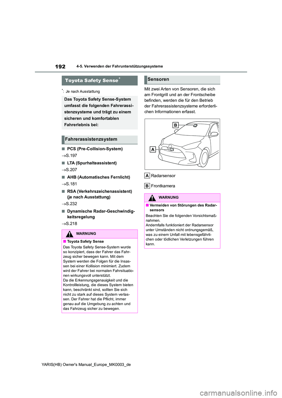TOYOTA YARIS 2021  Betriebsanleitungen (in German) 192
YARIS(HB) Owners Manual_Europe_MK0003_de
4-5. Verwenden der Fahrunterstützungssysteme
4-5.Verwende n d er  Fah runterstü tzungss ysteme
*: Je nach Ausstattung
■PCS (Pre-Collision-System) 
→