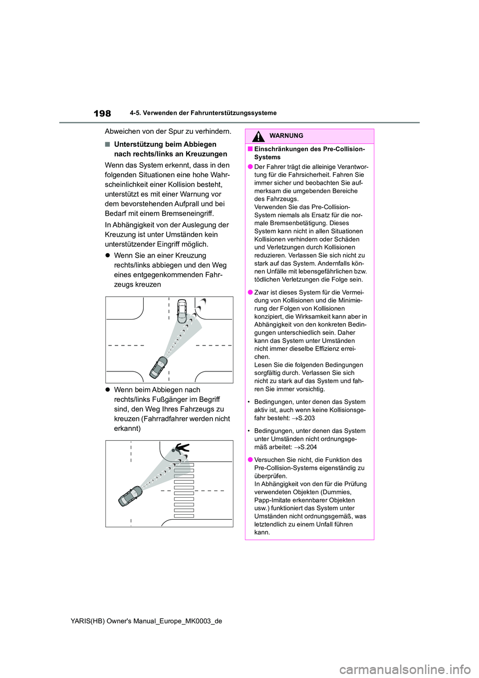 TOYOTA YARIS 2021  Betriebsanleitungen (in German) 198
YARIS(HB) Owners Manual_Europe_MK0003_de
4-5. Verwenden der Fahrunterstützungssysteme
Abweichen von der Spur zu verhindern.
■Unterstützung beim Abbiegen  
nach rechts/links an Kreuzungen 
Wen