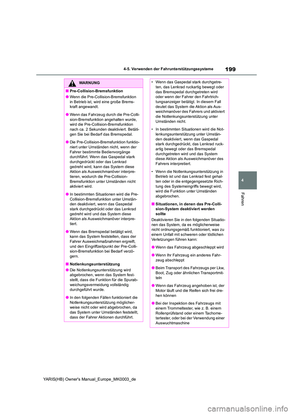 TOYOTA YARIS 2021  Betriebsanleitungen (in German) 199
4
YARIS(HB) Owners Manual_Europe_MK0003_de
4-5. Verwenden der Fahrunterstützungssysteme
Fahren
WARNUNG
■Pre-Collision-Bremsfunktion
●Wenn die Pre-Collision-Bremsfunktion  
in Betrieb ist, wi