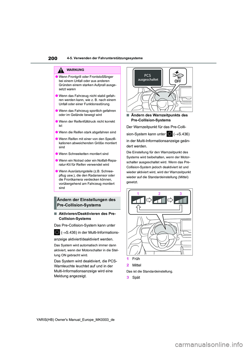 TOYOTA YARIS 2021  Betriebsanleitungen (in German) 200
YARIS(HB) Owners Manual_Europe_MK0003_de
4-5. Verwenden der Fahrunterstützungssysteme
■Aktivieren/Deaktivieren des Pre- 
Collision-Systems 
Das Pre-Collision-System kann unter  
 ( →S.436) i