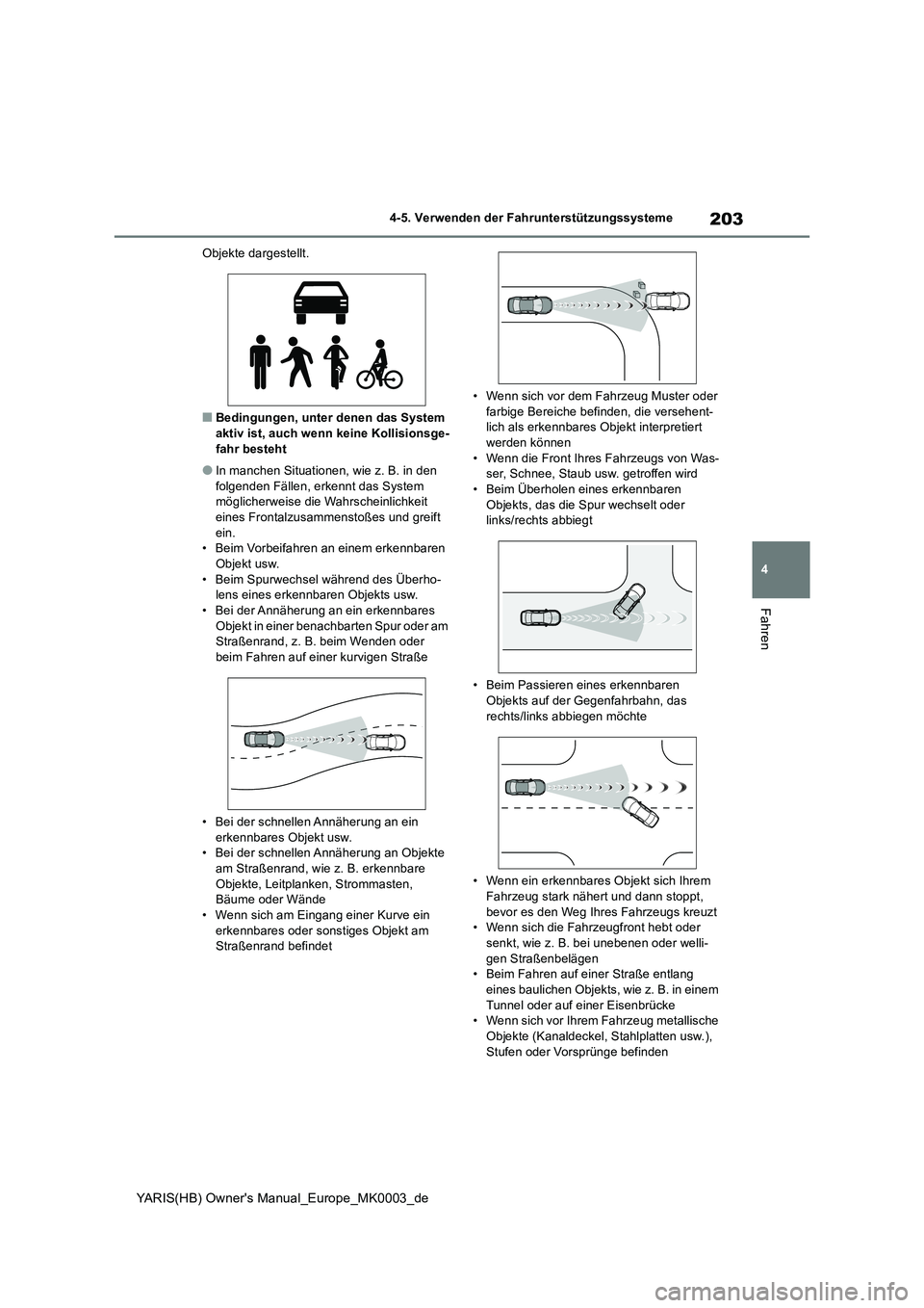 TOYOTA YARIS 2021  Betriebsanleitungen (in German) 203
4
YARIS(HB) Owners Manual_Europe_MK0003_de
4-5. Verwenden der Fahrunterstützungssysteme
Fahren
Objekte dargestellt.
■Bedingungen, unter denen das System  
aktiv ist, auch wenn keine Kollisions