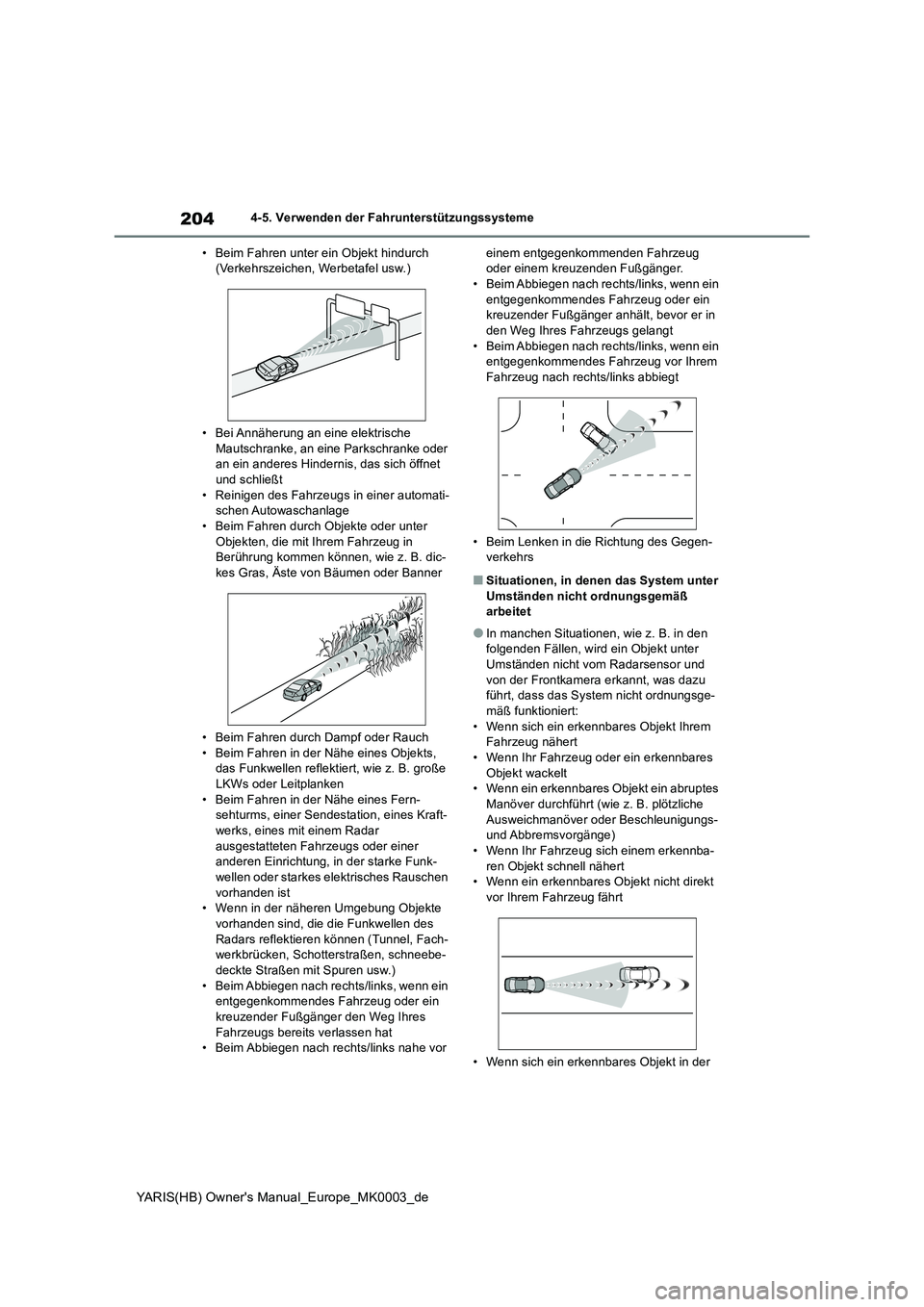 TOYOTA YARIS 2021  Betriebsanleitungen (in German) 204
YARIS(HB) Owners Manual_Europe_MK0003_de
4-5. Verwenden der Fahrunterstützungssysteme
• Beim Fahren unter ein Objekt hindurch 
(Verkehrszeichen, Werbetafel usw.)
• Bei Annäherung an eine el