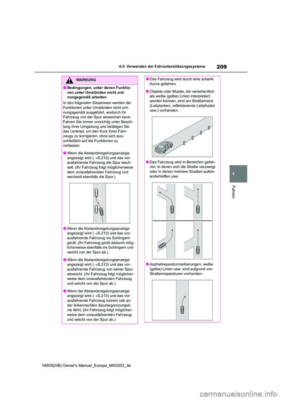 TOYOTA YARIS 2021  Betriebsanleitungen (in German) 209
4
YARIS(HB) Owners Manual_Europe_MK0003_de
4-5. Verwenden der Fahrunterstützungssysteme
Fahren
WARNUNG
■Bedingungen, unter denen Funktio- 
nen unter Umständen nicht ord- nungsgemäß arbeiten