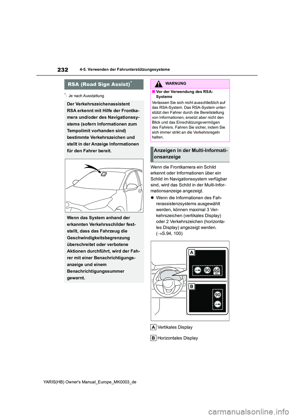 TOYOTA YARIS 2021  Betriebsanleitungen (in German) 232
YARIS(HB) Owners Manual_Europe_MK0003_de
4-5. Verwenden der Fahrunterstützungssysteme
*: Je nach Ausstattung
Wenn die Frontkamera ein Schild  
erkennt oder Informationen über ein 
Schild im Nav