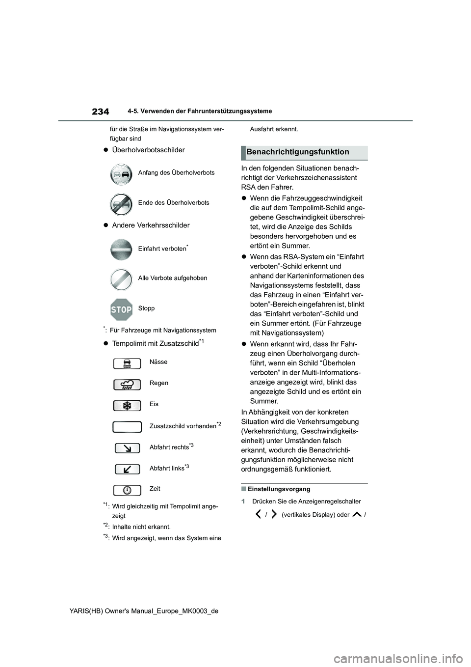 TOYOTA YARIS 2021  Betriebsanleitungen (in German) 234
YARIS(HB) Owners Manual_Europe_MK0003_de
4-5. Verwenden der Fahrunterstützungssysteme
für die Straße im Navigationssystem ver-
fügbar sind
�zÜberholverbotsschilder
�zAndere Verkehrsschilder
