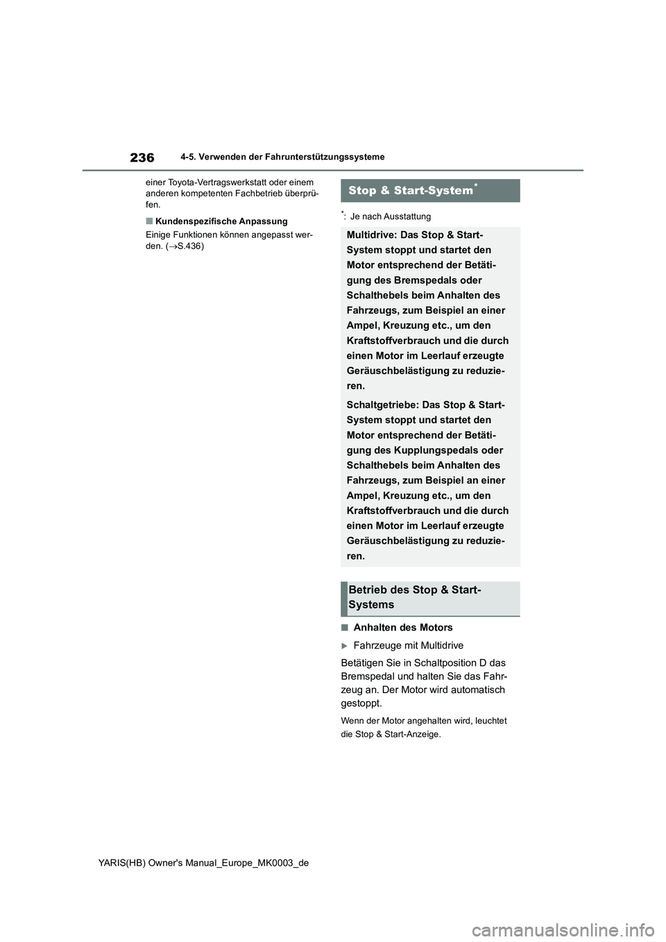 TOYOTA YARIS 2021  Betriebsanleitungen (in German) 236
YARIS(HB) Owners Manual_Europe_MK0003_de
4-5. Verwenden der Fahrunterstützungssysteme
einer Toyota-Vertragswerkstatt oder einem 
anderen kompetenten Fachbetrieb überprü-
fen.
■Kundenspezifis