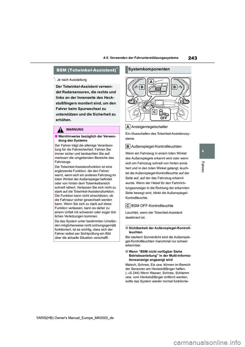 TOYOTA YARIS 2021  Betriebsanleitungen (in German) 243
4
YARIS(HB) Owners Manual_Europe_MK0003_de
4-5. Verwenden der Fahrunterstützungssysteme
Fahren
*: Je nach Ausstattung
Anzeigenregelschalter
Ein-/Ausschalten des Totwinkel-Assistenzsy- 
stems
Au