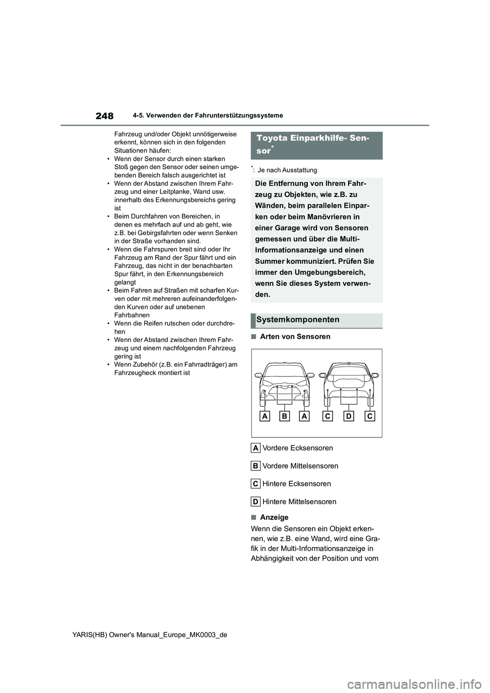 TOYOTA YARIS 2021  Betriebsanleitungen (in German) 248
YARIS(HB) Owners Manual_Europe_MK0003_de
4-5. Verwenden der Fahrunterstützungssysteme 
Fahrzeug und/oder Objekt unnötigerweise  erkennt, können sich in den folgenden Situationen häufen: 
• 