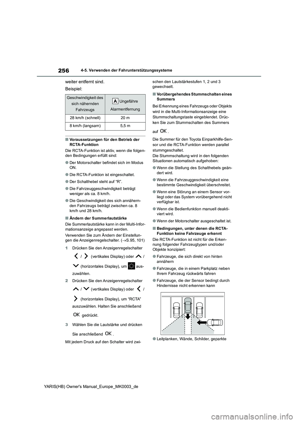 TOYOTA YARIS 2021  Betriebsanleitungen (in German) 256
YARIS(HB) Owners Manual_Europe_MK0003_de
4-5. Verwenden der Fahrunterstützungssysteme
weiter entfernt sind. 
Beispiel:
■Voraussetzungen für den Betrieb der  
RCTA-Funktion 
Die RCTA-Funktion 