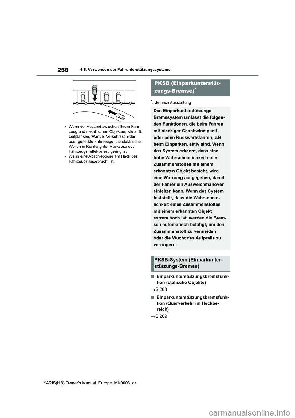 TOYOTA YARIS 2021  Betriebsanleitungen (in German) 258
YARIS(HB) Owners Manual_Europe_MK0003_de
4-5. Verwenden der Fahrunterstützungssysteme 
• Wenn der Abstand zwischen Ihrem Fahr- zeug und metallischen Objekten, wie z. B. Leitplanken, Wände, Ve