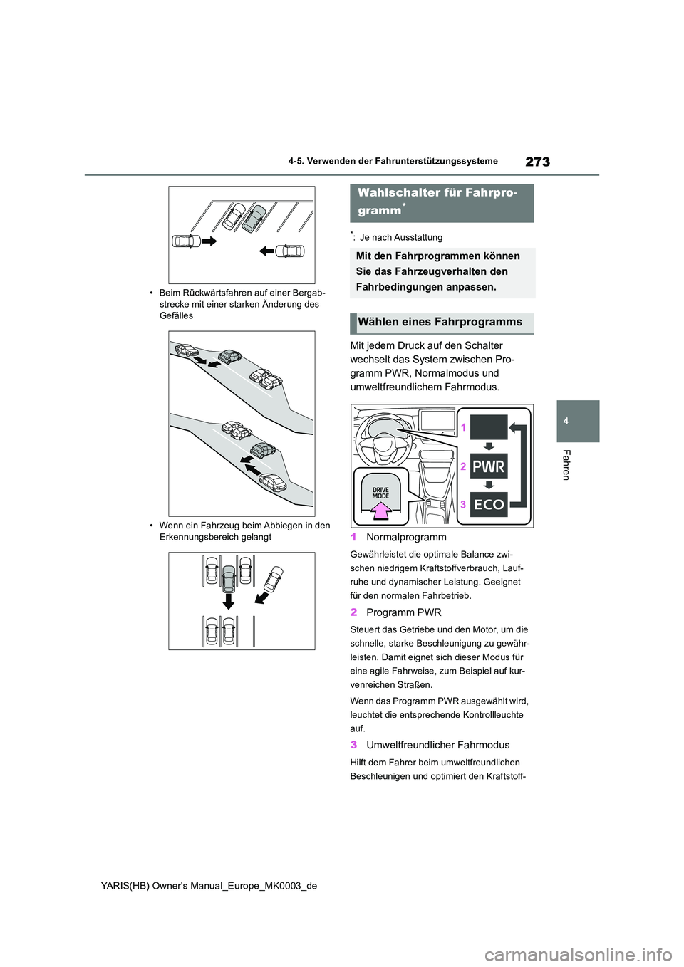 TOYOTA YARIS 2021  Betriebsanleitungen (in German) 273
4
YARIS(HB) Owners Manual_Europe_MK0003_de
4-5. Verwenden der Fahrunterstützungssysteme
Fahren
• Beim Rückwärtsfahren auf einer Bergab- strecke mit einer starken Änderung des Gefälles 
•