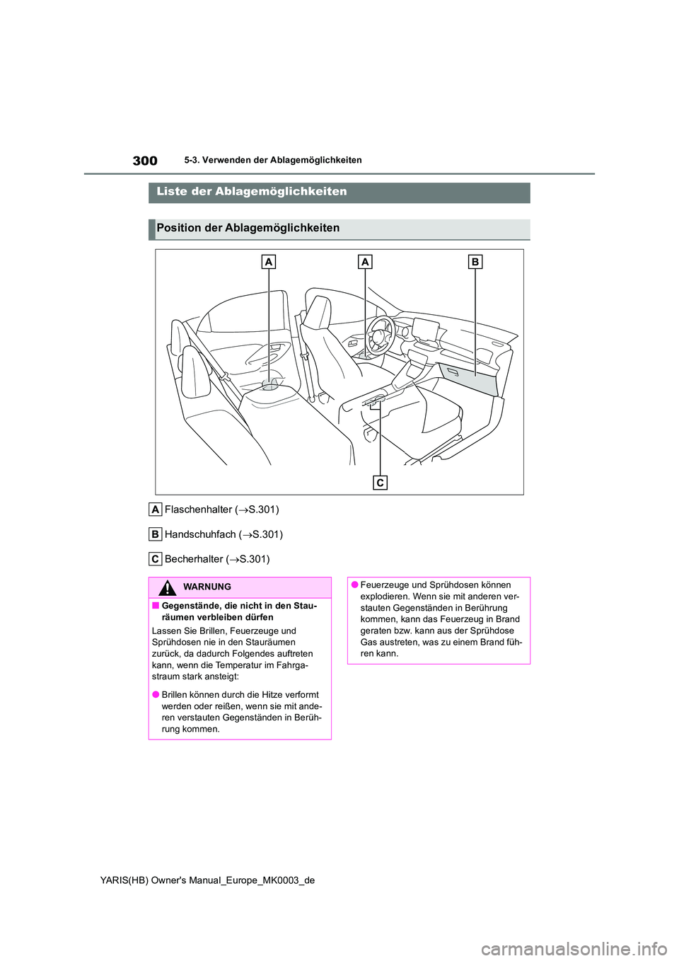 TOYOTA YARIS 2021  Betriebsanleitungen (in German) 300
YARIS(HB) Owners Manual_Europe_MK0003_de
5-3. Verwenden der Ablagemöglichkeiten
5-3.Verwende n d er Ab lag emöglic hkeite n
Flaschenhalter (→S.301) 
Handschuhfach ( →S.301) 
Becherhalter ( 