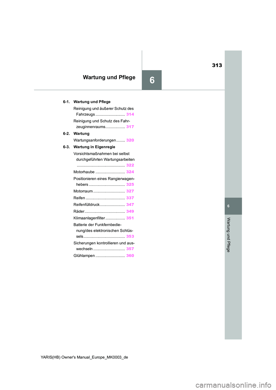 TOYOTA YARIS 2021  Betriebsanleitungen (in German) 6
313
YARIS(HB) Owners Manual_Europe_MK0003_de
6
Wartung und Pflege
Wartung und Pflege
6-1. Wartung und Pflege 
Reinigung und äußerer Schutz des  
Fahrzeugs ........................... 314 
Reinigu