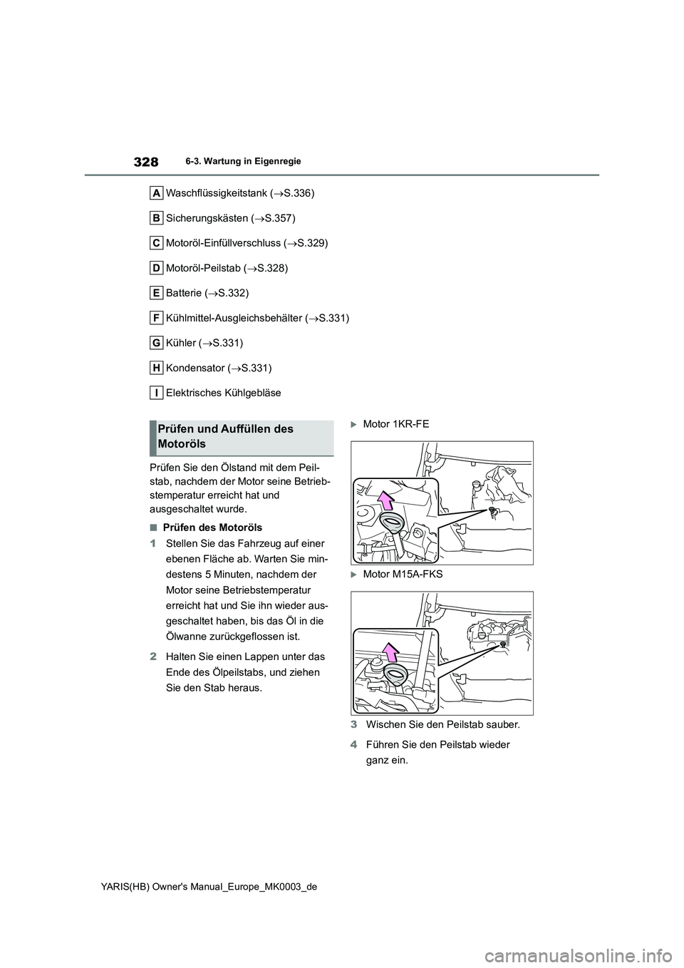 TOYOTA YARIS 2021  Betriebsanleitungen (in German) 328
YARIS(HB) Owners Manual_Europe_MK0003_de
6-3. Wartung in Eigenregie
Waschflüssigkeitstank (→S.336)
Sicherungskästen (→S.357)
Motoröl-Einfüllverschluss (→S.329)
Motoröl-Peilstab (→S.3