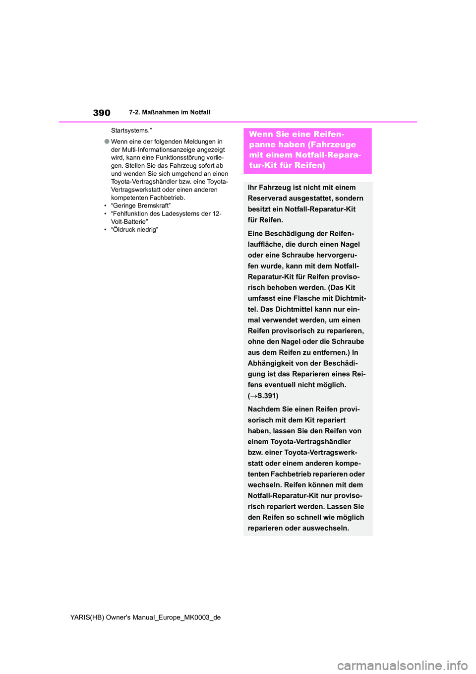 TOYOTA YARIS 2021  Betriebsanleitungen (in German) 390
YARIS(HB) Owners Manual_Europe_MK0003_de
7-2. Maßnahmen im Notfall 
Startsystems.”
●Wenn eine der folgenden Meldungen in  
der Multi-Informationsanzeige angezeigt  wird, kann eine Funktionss