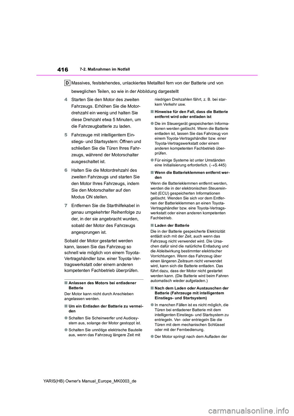 TOYOTA YARIS 2021  Betriebsanleitungen (in German) 416
YARIS(HB) Owners Manual_Europe_MK0003_de
7-2. Maßnahmen im Notfall
Massives, feststehendes, unlackiertes Metallteil fern von der Batterie und von  
beweglichen Teilen, so wie in der Abbildung da