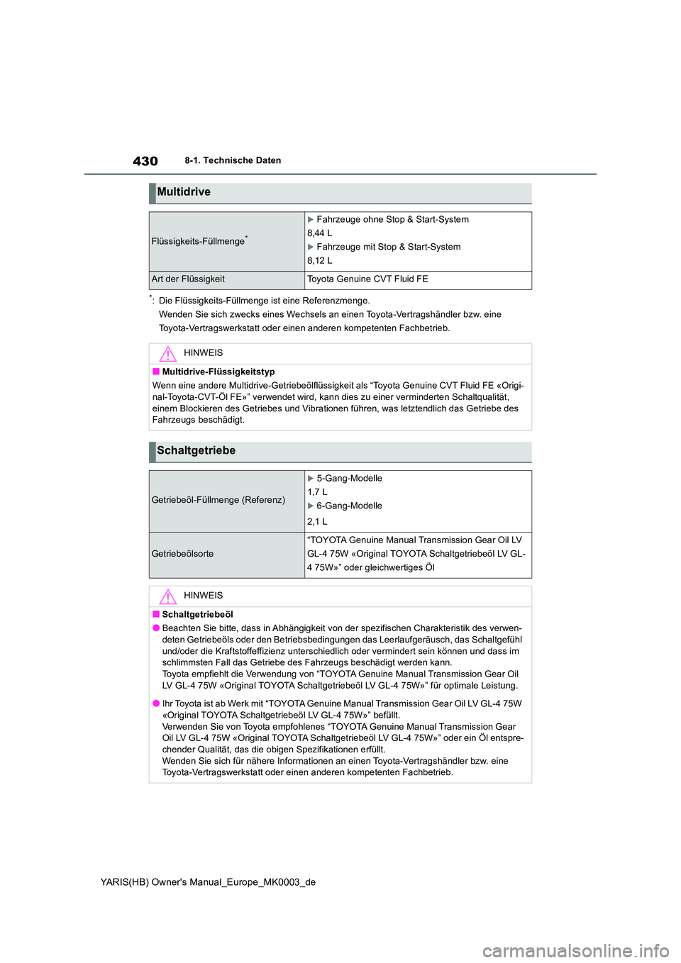 TOYOTA YARIS 2021  Betriebsanleitungen (in German) 430
YARIS(HB) Owners Manual_Europe_MK0003_de
8-1. Technische Daten
*: Die Flüssigkeits-Füllmenge ist eine Referenzmenge. 
Wenden Sie sich zwecks eines Wechsels an einen Toyota-Vertragshändler bzw.