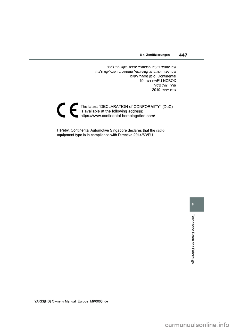 TOYOTA YARIS 2021  Betriebsanleitungen (in German) 447
8
YARIS(HB) Owners Manual_Europe_MK0003_de
8-4. Zertifizierungen
Technische Daten des Fahrzeugs 
