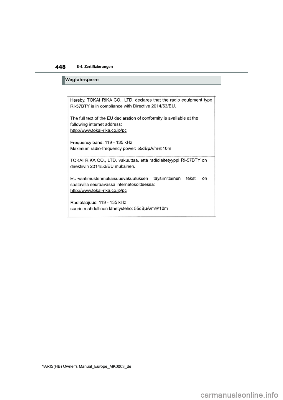 TOYOTA YARIS 2021  Betriebsanleitungen (in German) 448
YARIS(HB) Owners Manual_Europe_MK0003_de
8-4. Zertifizierungen
Wegfahrsperre 