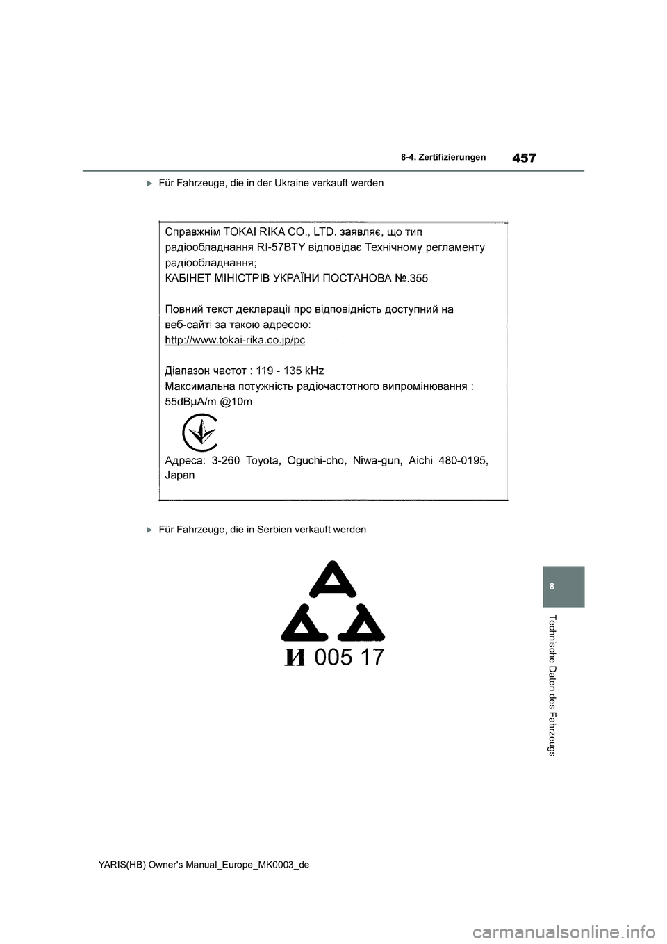 TOYOTA YARIS 2021  Betriebsanleitungen (in German) 457
8
YARIS(HB) Owners Manual_Europe_MK0003_de
8-4. Zertifizierungen
Technische Daten des Fahrzeugs
Für Fahrzeuge, die in der Ukraine verkauft werden
Für Fahrzeuge, die in Serbien verkauft we