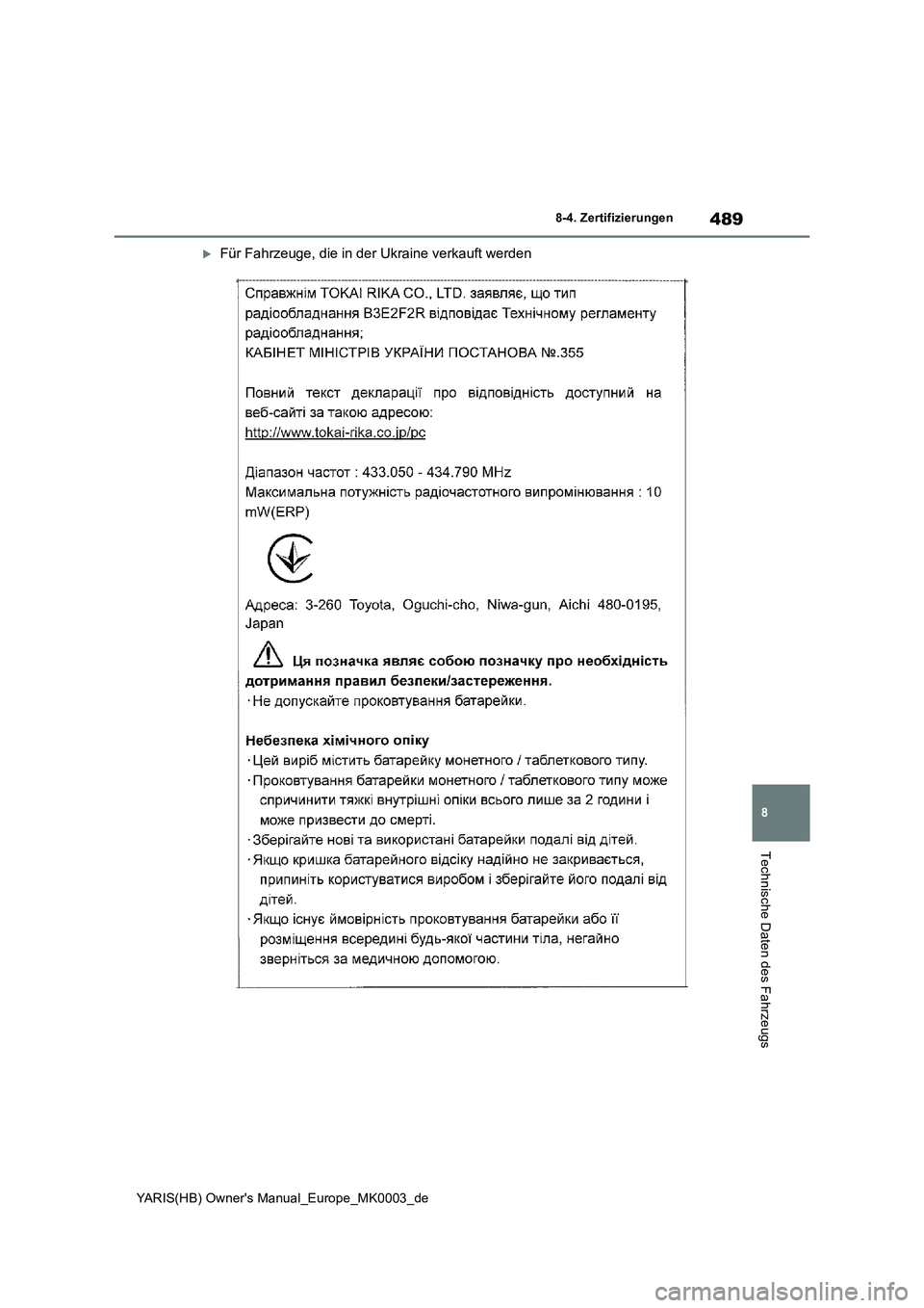 TOYOTA YARIS 2021  Betriebsanleitungen (in German) 489
8
YARIS(HB) Owners Manual_Europe_MK0003_de
8-4. Zertifizierungen
Technische Daten des Fahrzeugs
Für Fahrzeuge, die in der Ukraine verkauft werden 