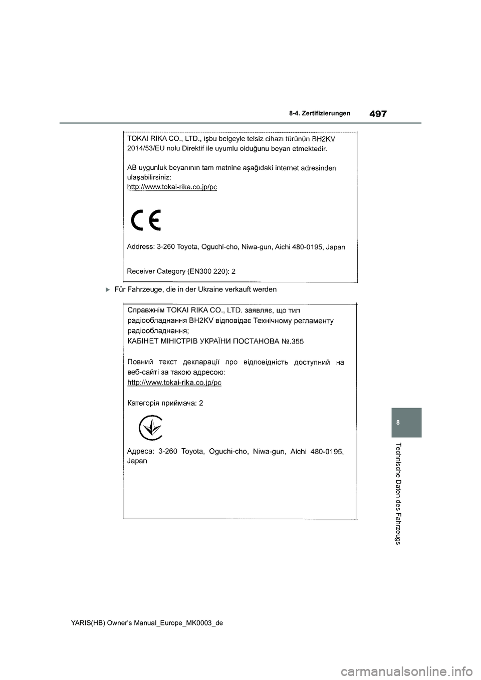 TOYOTA YARIS 2021  Betriebsanleitungen (in German) 497
8
YARIS(HB) Owners Manual_Europe_MK0003_de
8-4. Zertifizierungen
Technische Daten des Fahrzeugs
Für Fahrzeuge, die in der Ukraine verkauft werden 