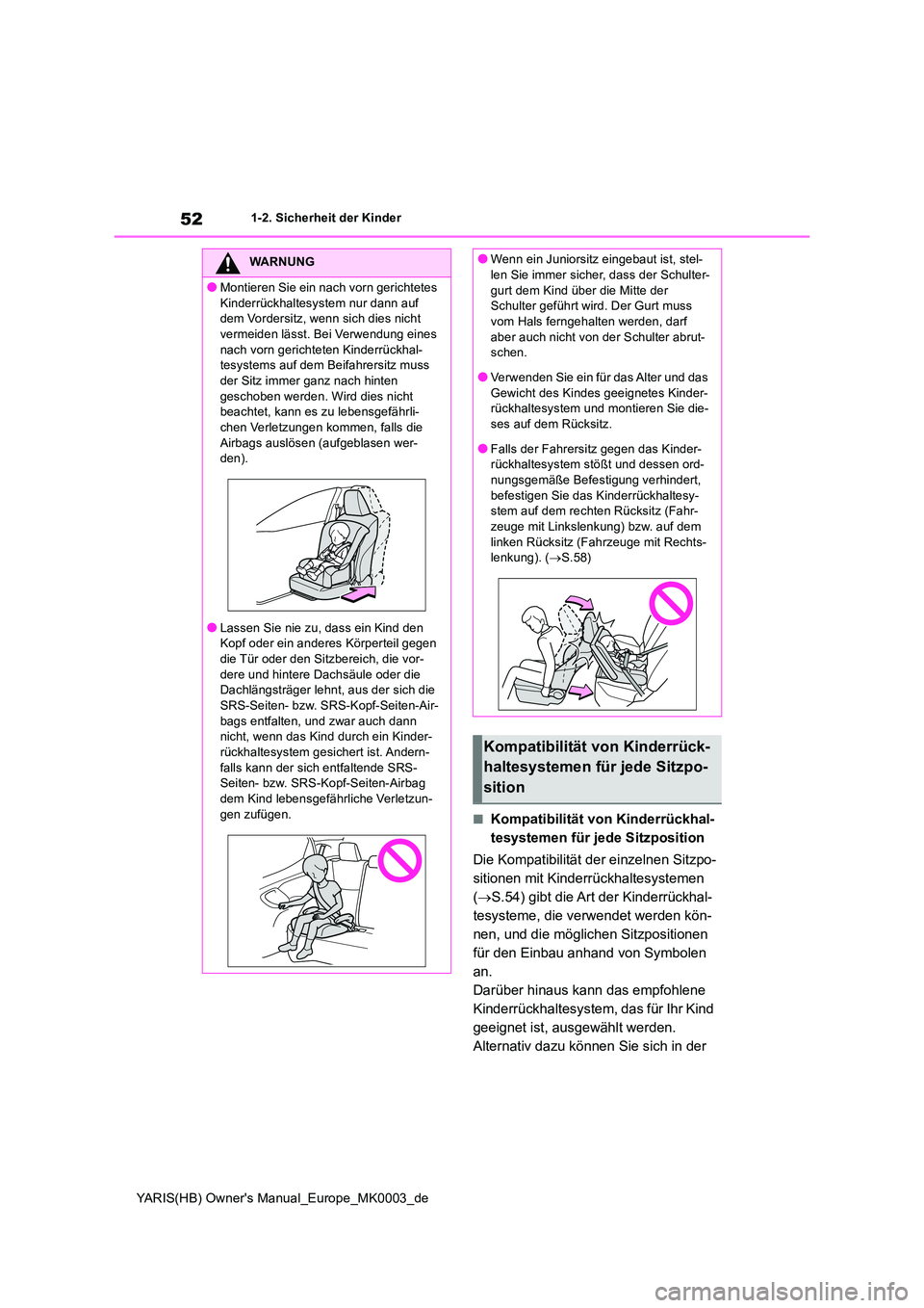 TOYOTA YARIS 2021  Betriebsanleitungen (in German) 52
YARIS(HB) Owners Manual_Europe_MK0003_de
1-2. Sicherheit der Kinder
■Kompatibilität von Kinderrückhal- 
tesystemen für jede Sitzposition 
Die Kompatibilität der einzelnen Sitzpo- 
sitionen m