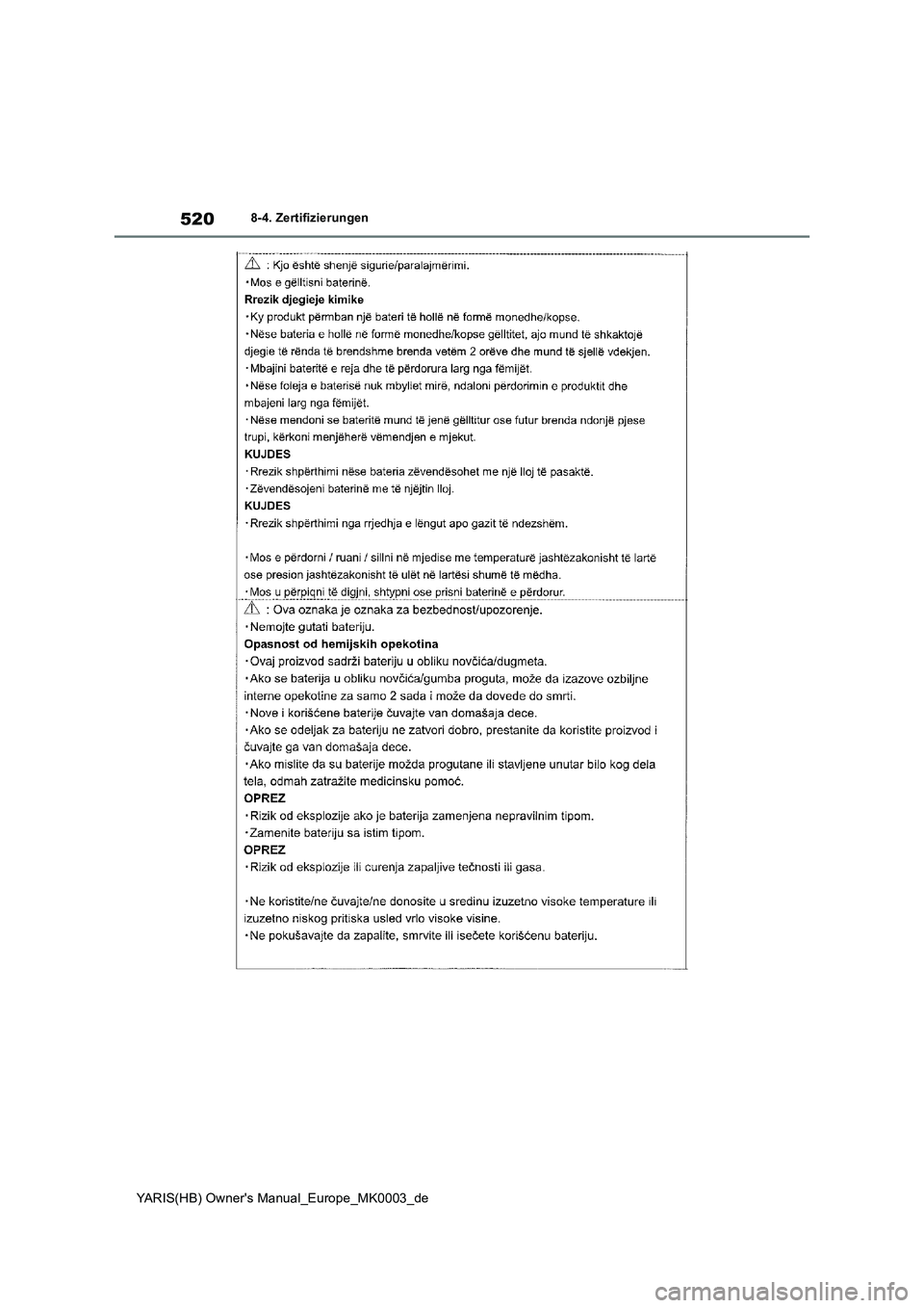 TOYOTA YARIS 2021  Betriebsanleitungen (in German) 520
YARIS(HB) Owners Manual_Europe_MK0003_de
8-4. Zertifizierungen 