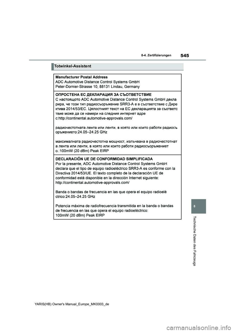 TOYOTA YARIS 2021  Betriebsanleitungen (in German) 545
8
YARIS(HB) Owners Manual_Europe_MK0003_de
8-4. Zertifizierungen
Technische Daten des Fahrzeugs
Totwinkel-Assistent 