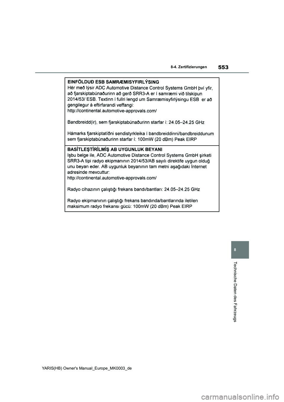TOYOTA YARIS 2021  Betriebsanleitungen (in German) 553
8
YARIS(HB) Owners Manual_Europe_MK0003_de
8-4. Zertifizierungen
Technische Daten des Fahrzeugs 