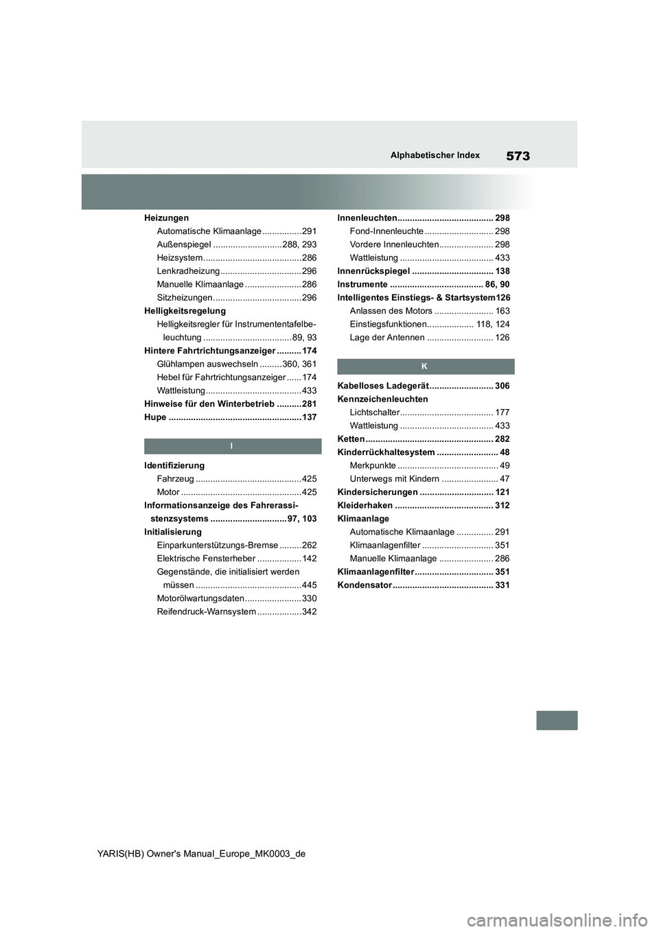 TOYOTA YARIS 2021  Betriebsanleitungen (in German) 573
YARIS(HB) Owners Manual_Europe_MK0003_de
Alphabetischer Index
Heizungen
Automatische Klimaanlage ................ 291
Außenspiegel ............................ 288, 293
Heizsystem ..............