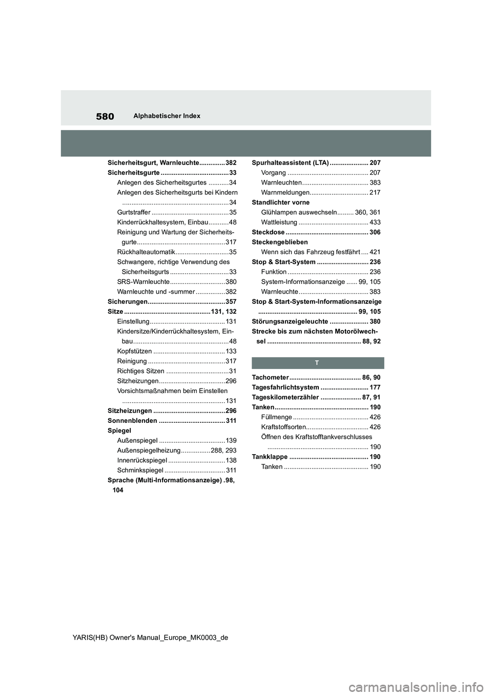 TOYOTA YARIS 2021  Betriebsanleitungen (in German) 580
YARIS(HB) Owners Manual_Europe_MK0003_de
Alphabetischer Index
Sicherheitsgurt, Warnleuchte.............. 382
Sicherheitsgurte ..................................... 33
Anlegen des Sicherheitsgurte