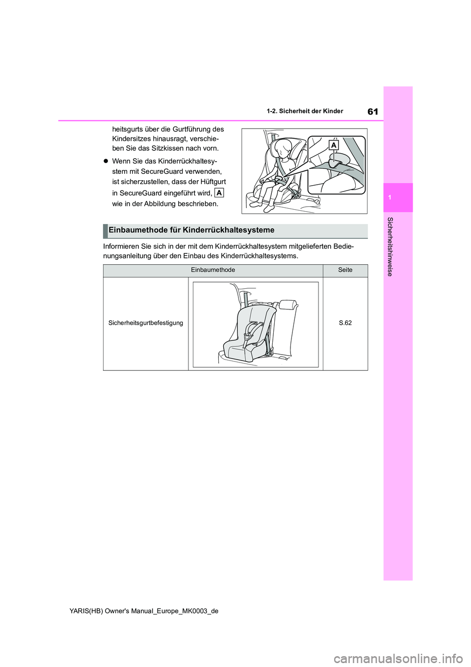 TOYOTA YARIS 2021  Betriebsanleitungen (in German) 61
1
YARIS(HB) Owners Manual_Europe_MK0003_de
1-2. Sicherheit der Kinder
Sicherheitshinweise
heitsgurts über die Gurtführung des  
Kindersitzes hinausragt, verschie-
ben Sie das Sitzkissen nach vor