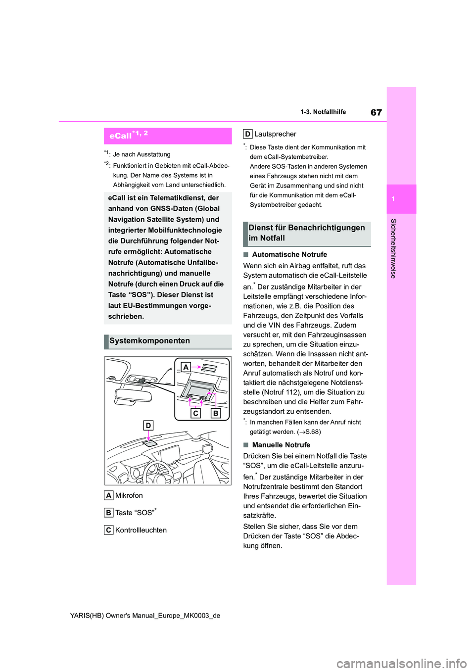 TOYOTA YARIS 2021  Betriebsanleitungen (in German) 67
1
YARIS(HB) Owners Manual_Europe_MK0003_de
1-3. Notfallhilfe
Sicherheitshinweise
1-3.Notfallhilfe
*1: Je nach Ausstattung
*2: Funktioniert in Gebieten mit eCall-Abdec- 
kung. Der Name des Systems 