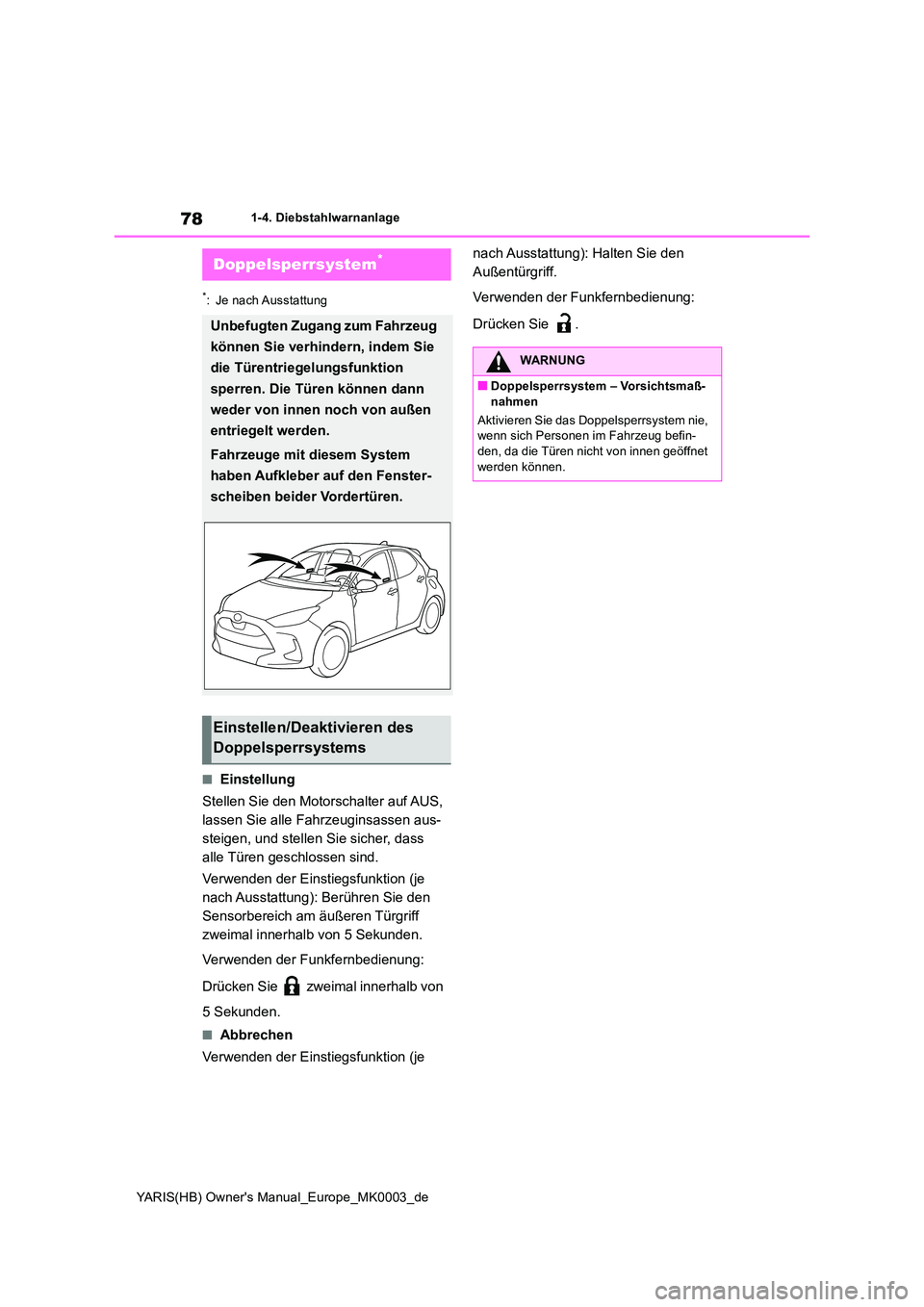 TOYOTA YARIS 2021  Betriebsanleitungen (in German) 78
YARIS(HB) Owners Manual_Europe_MK0003_de
1-4. Diebstahlwarnanlage
*: Je nach Ausstattung
■Einstellung 
Stellen Sie den Motorschalter auf AUS,  
lassen Sie alle Fahrzeuginsassen aus-
steigen, und