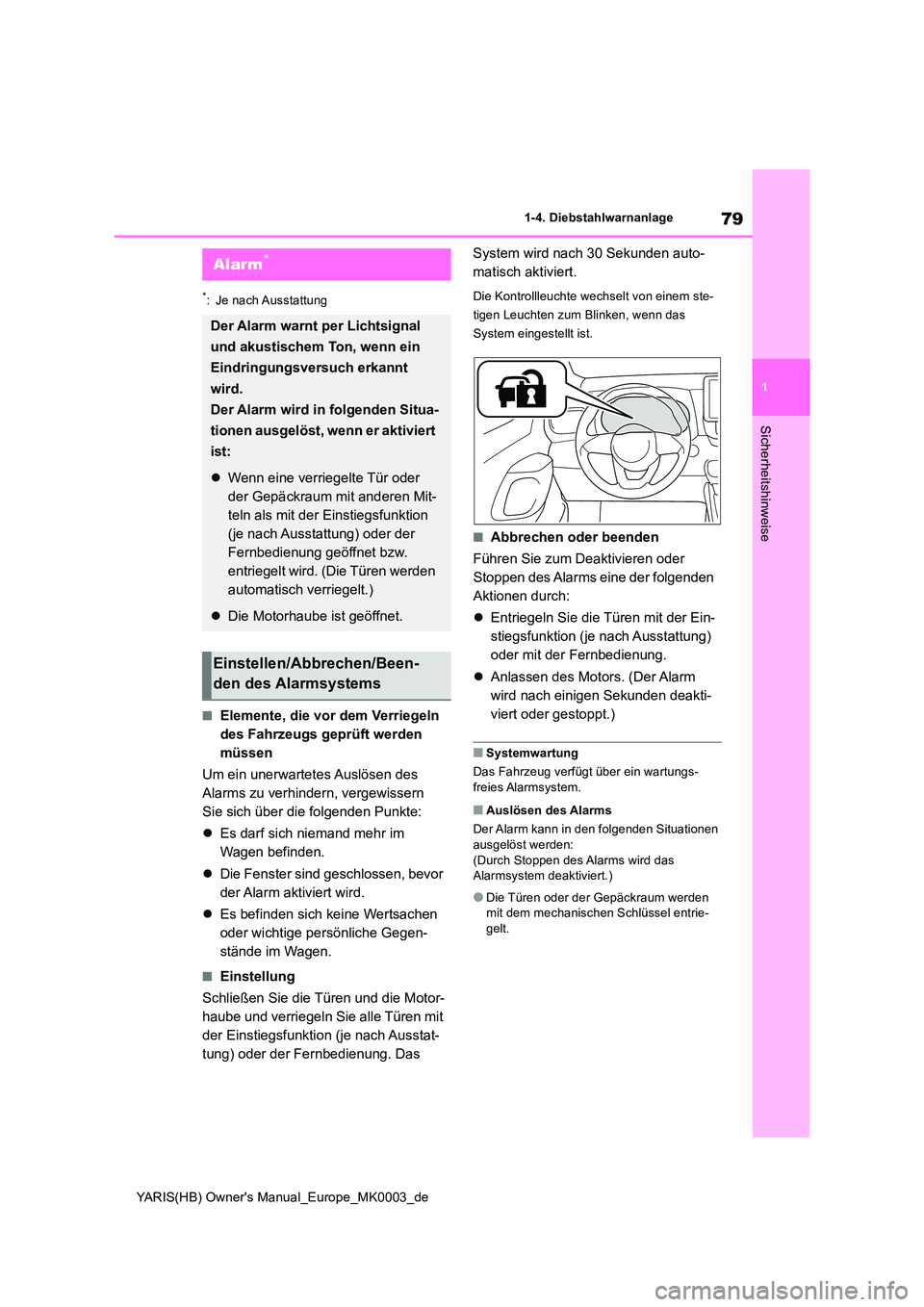 TOYOTA YARIS 2021  Betriebsanleitungen (in German) 79
1
YARIS(HB) Owners Manual_Europe_MK0003_de
1-4. Diebstahlwarnanlage
Sicherheitshinweise
*: Je nach Ausstattung
■Elemente, die vor dem Verriegeln  
des Fahrzeugs geprüft werden 
müssen 
Um ein 