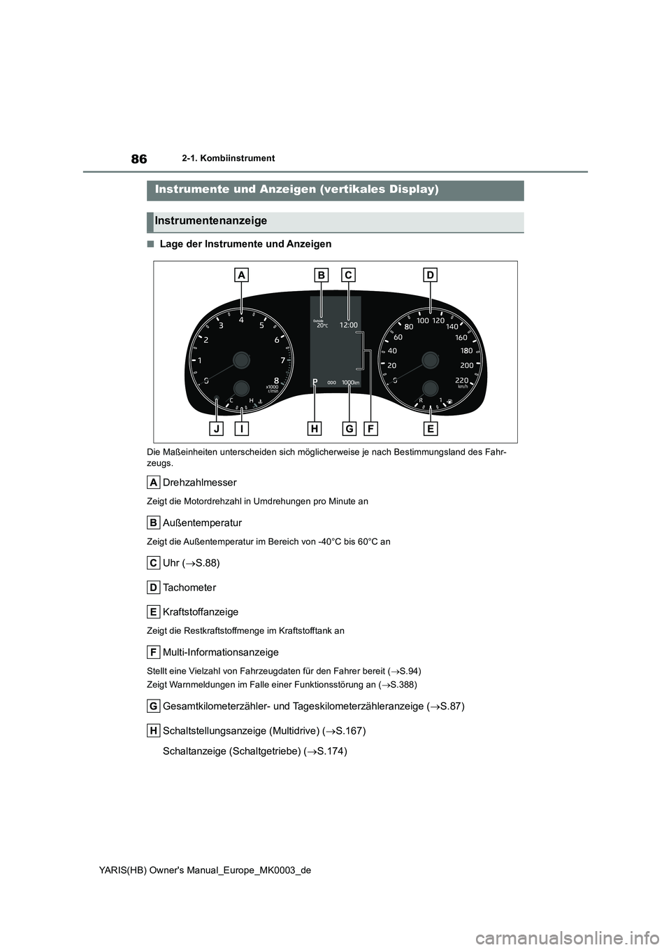 TOYOTA YARIS 2021  Betriebsanleitungen (in German) 86
YARIS(HB) Owners Manual_Europe_MK0003_de
2-1. Kombiinstrument
■Lage der Instrumente und Anzeigen
Die Maßeinheiten unterscheiden sich möglicherweise je nach Bestimmungsland des Fahr-
zeugs.
Dre