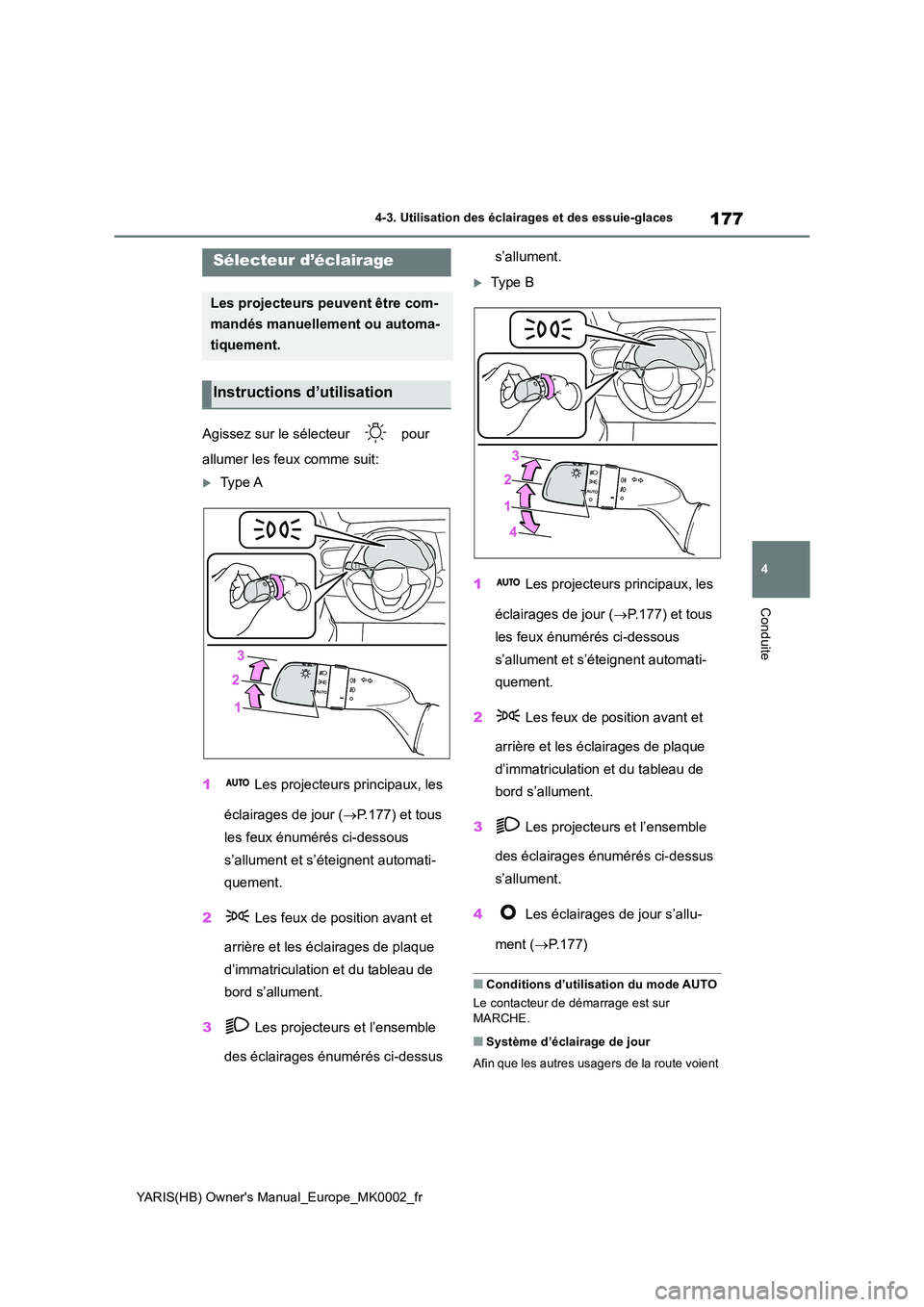 TOYOTA YARIS 2021  Notices Demploi (in French) 177
4
YARIS(HB) Owners Manual_Europe_MK0002_fr
4-3. Utilisation des éclairages et des essuie-glaces
Conduite
4-3.Utilisation  des éclairages et  des essuie-glaces
Agissez sur le sélecteur   pour  