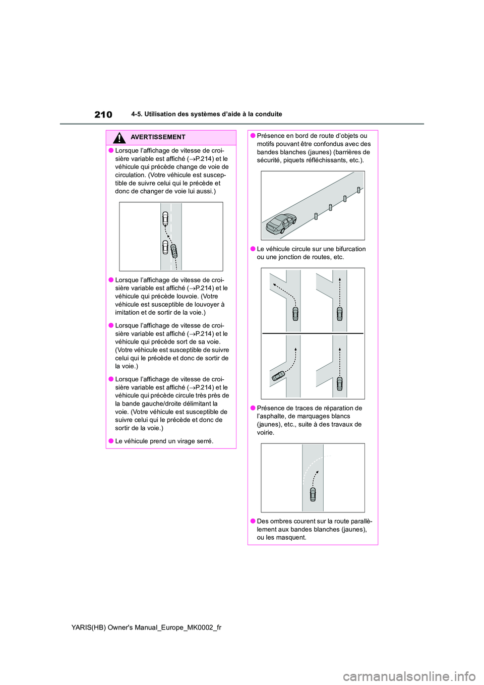 TOYOTA YARIS 2021 Notices Demploi (in French) 210
YARIS(HB) Owners Manual_Europe_MK0002_fr
4-5. Utilisation des systèmes d’aide à la conduite
AVERTISSEMENT
●Lorsque l’affichage de vitesse de croi-
sière variable est affiché ( →P.214 TOYOTA YARIS 2021 Notices Demploi (in French) 210
YARIS(HB) Owners Manual_Europe_MK0002_fr
4-5. Utilisation des systèmes d’aide à la conduite
AVERTISSEMENT
●Lorsque l’affichage de vitesse de croi-
sière variable est affiché ( →P.214