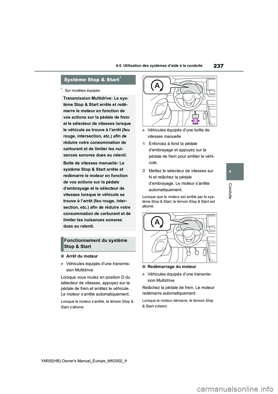 TOYOTA YARIS 2021  Notices Demploi (in French) 237
4
YARIS(HB) Owners Manual_Europe_MK0002_fr
4-5. Utilisation des systèmes d’aide à la conduite
Conduite
*: Sur modèles équipés
■Arrêt du moteur
Véhicules équipés d’une transmis-
