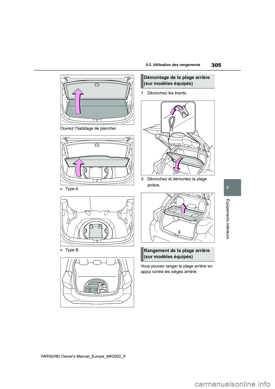 TOYOTA YARIS 2021  Notices Demploi (in French) 305
5
YARIS(HB) Owners Manual_Europe_MK0002_fr
5-3. Utilisation des rangements
Équipements intérieurs
Ouvrez l’habillage de plancher.
Ty p e  A
Ty p e  B 
1 Décrochez les tirants. 
2 Décr
