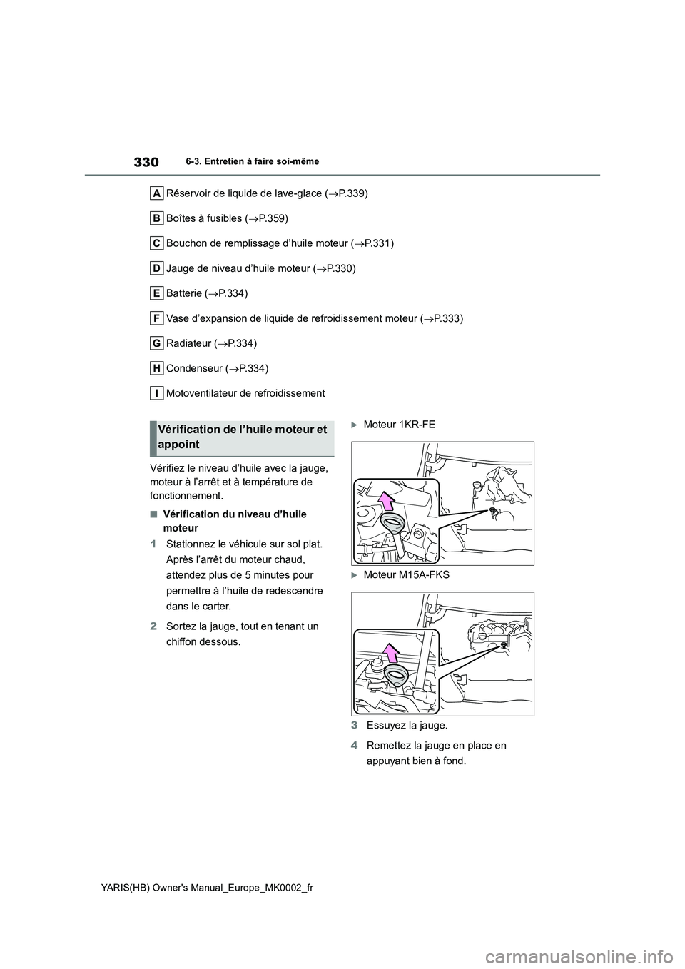 TOYOTA YARIS 2021  Notices Demploi (in French) 330
YARIS(HB) Owners Manual_Europe_MK0002_fr
6-3. Entretien à faire soi-même
Réservoir de liquide de lave-glace (→P.339)
Boîtes à fusibles (→P.359)
Bouchon de remplissage d’huile moteur (
