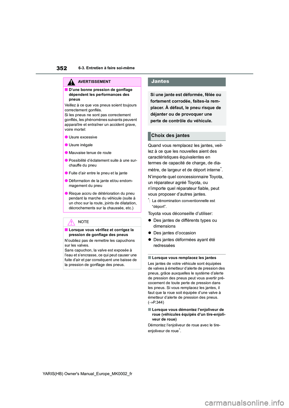 TOYOTA YARIS 2021  Notices Demploi (in French) 352
YARIS(HB) Owners Manual_Europe_MK0002_fr
6-3. Entretien à faire soi-même
Quand vous remplacez les jantes, veil- 
lez à ce que les nouvelles aient des 
caractéristiques équivalentes en 
terme