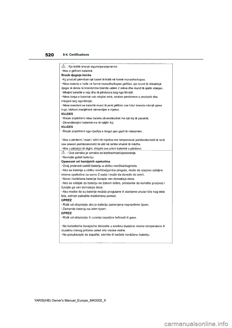 TOYOTA YARIS 2021  Notices Demploi (in French) 520
YARIS(HB) Owners Manual_Europe_MK0002_fr
8-4. Certifications 