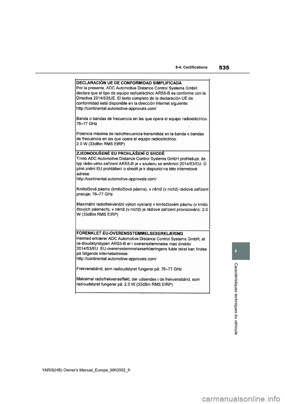 TOYOTA YARIS 2021  Notices Demploi (in French) 535
8
YARIS(HB) Owners Manual_Europe_MK0002_fr
8-4. Certifications
Caractéristiques techniques du véhicule 
