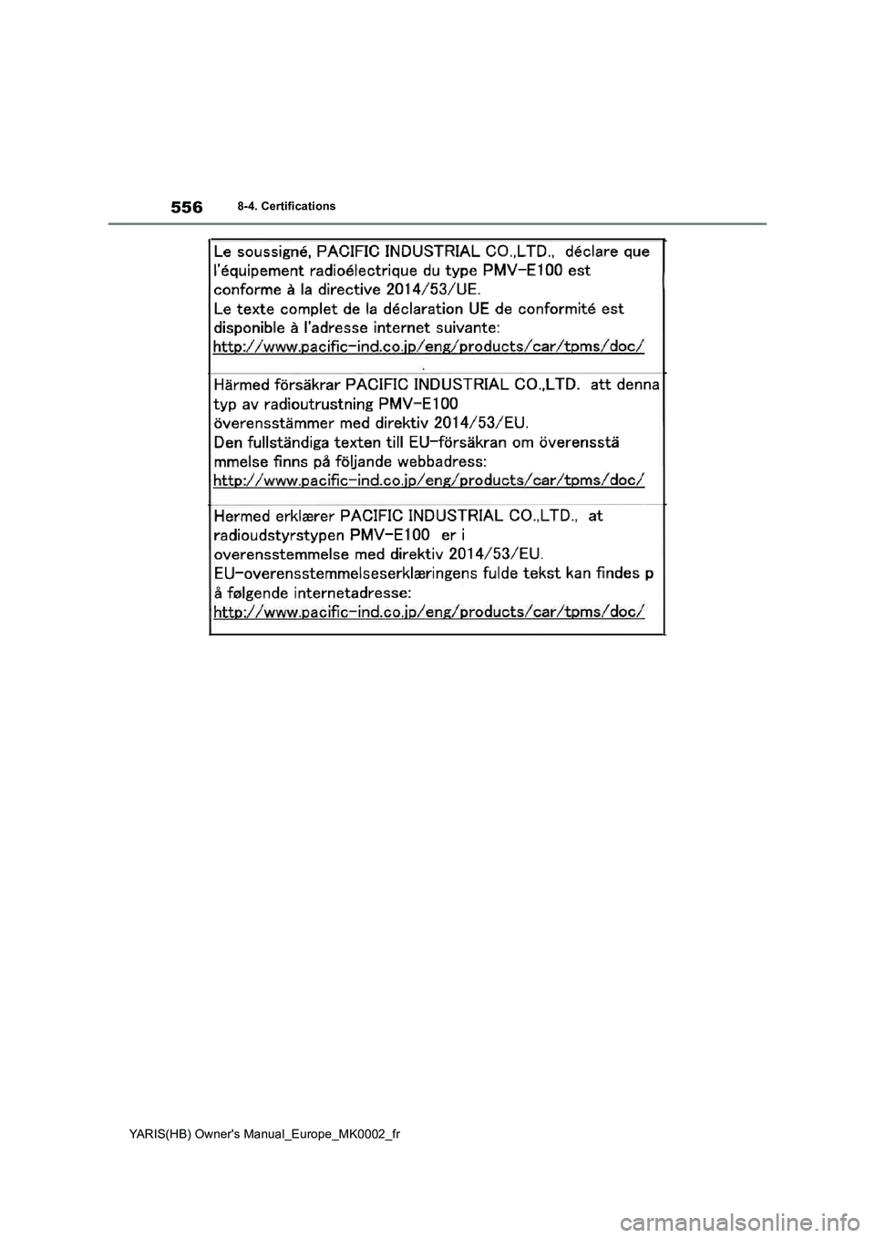 TOYOTA YARIS 2021  Notices Demploi (in French) 556
YARIS(HB) Owners Manual_Europe_MK0002_fr
8-4. Certifications 