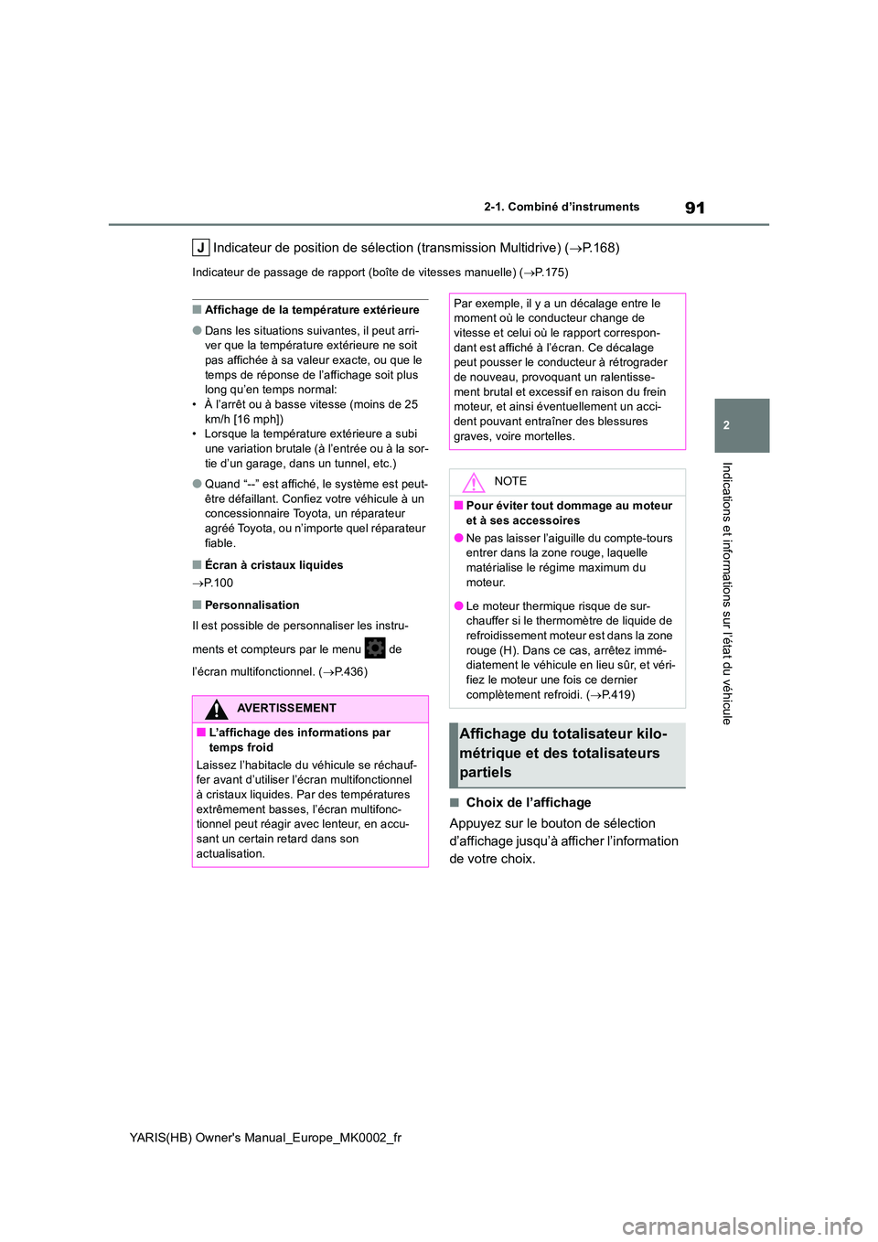 TOYOTA YARIS 2021  Notices Demploi (in French) 91
2
YARIS(HB) Owners Manual_Europe_MK0002_fr
2-1. Combiné d’instruments
Indications et informations sur l’état du véhicule
Indicateur de position de sélection (transmission Multidrive) (→P